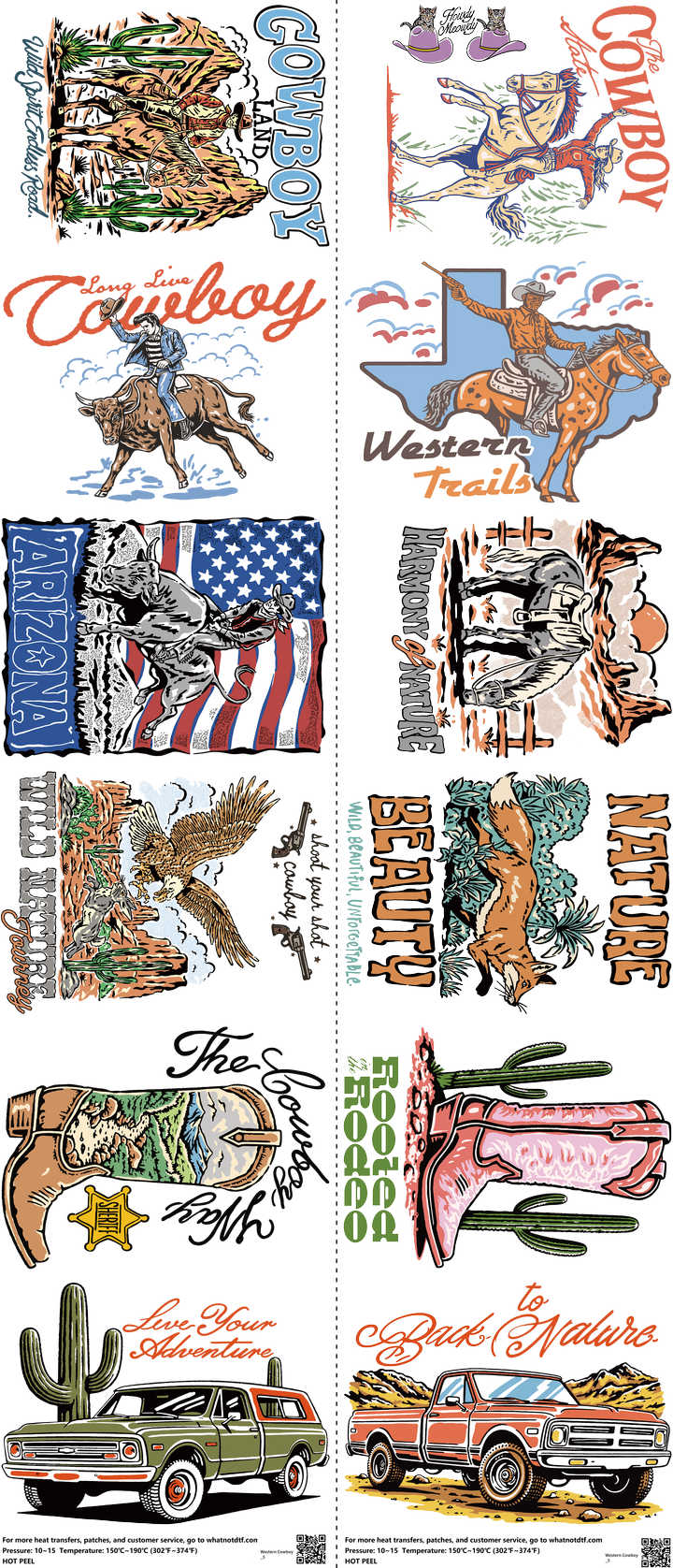 Western Cowboy mixed-style heat transfer design set on a 23.5 by 53 inch sheet