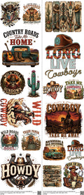 Western Cowboy mixed-style heat transfer design set on a 23.5 by 53 inch sheet