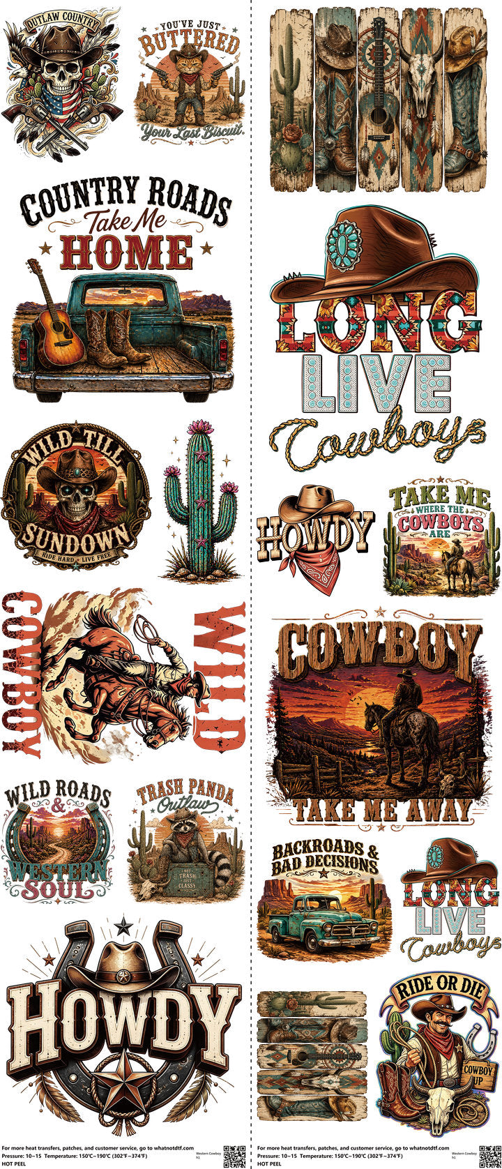 Western Cowboy mixed-style heat transfer design set on a 23.5 by 53 inch sheet