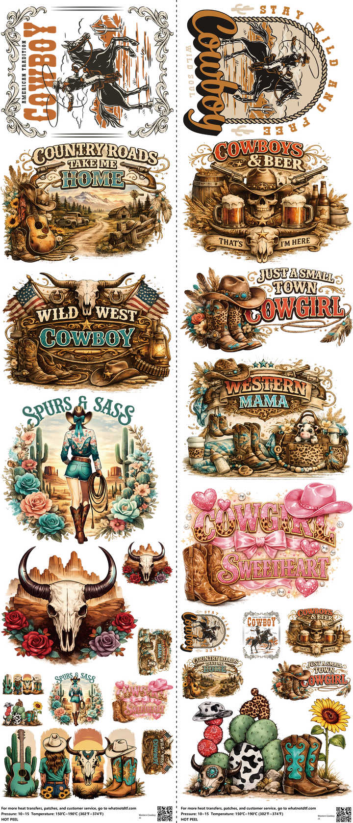 Western Cowboy mixed-style heat transfer design set on a 23.5 by 53 inch sheet