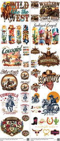 Western Cowboy mixed-style heat transfer design set on a 23.5 by 53 inch sheet
