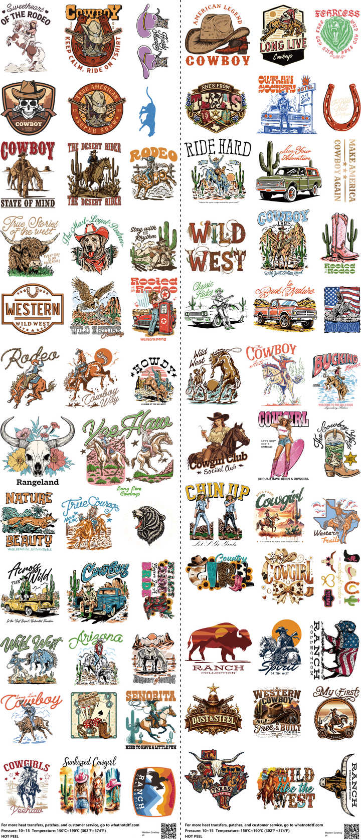 Western Cowboy mixed-style heat transfer design set on a 23.5 by 53 inch sheet