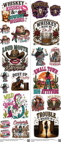 Western Cowgirls mixed-style heat transfer design set on a 23.5 by 53 inch sheet