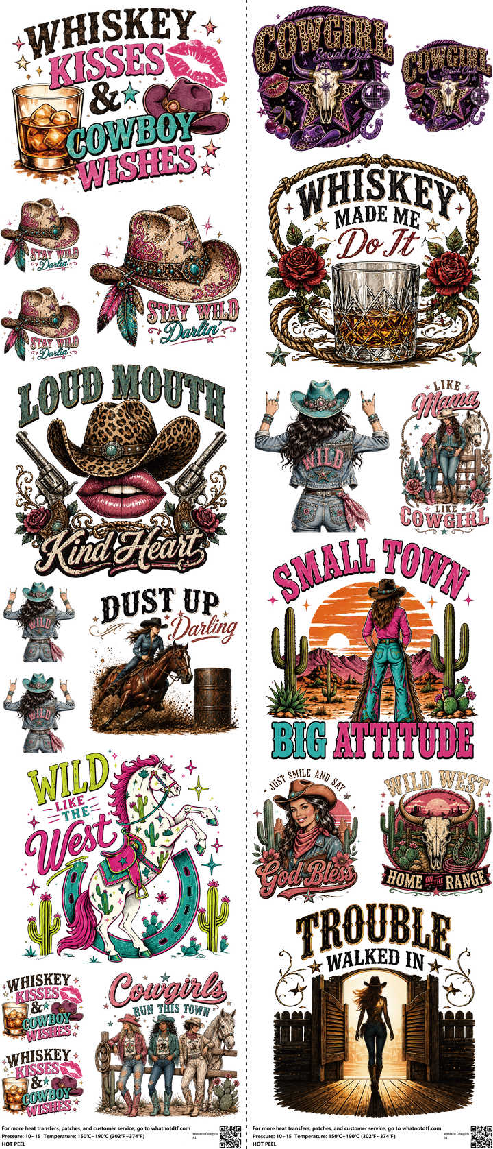 Western Cowgirls mixed-style heat transfer design set on a 23.5 by 53 inch sheet