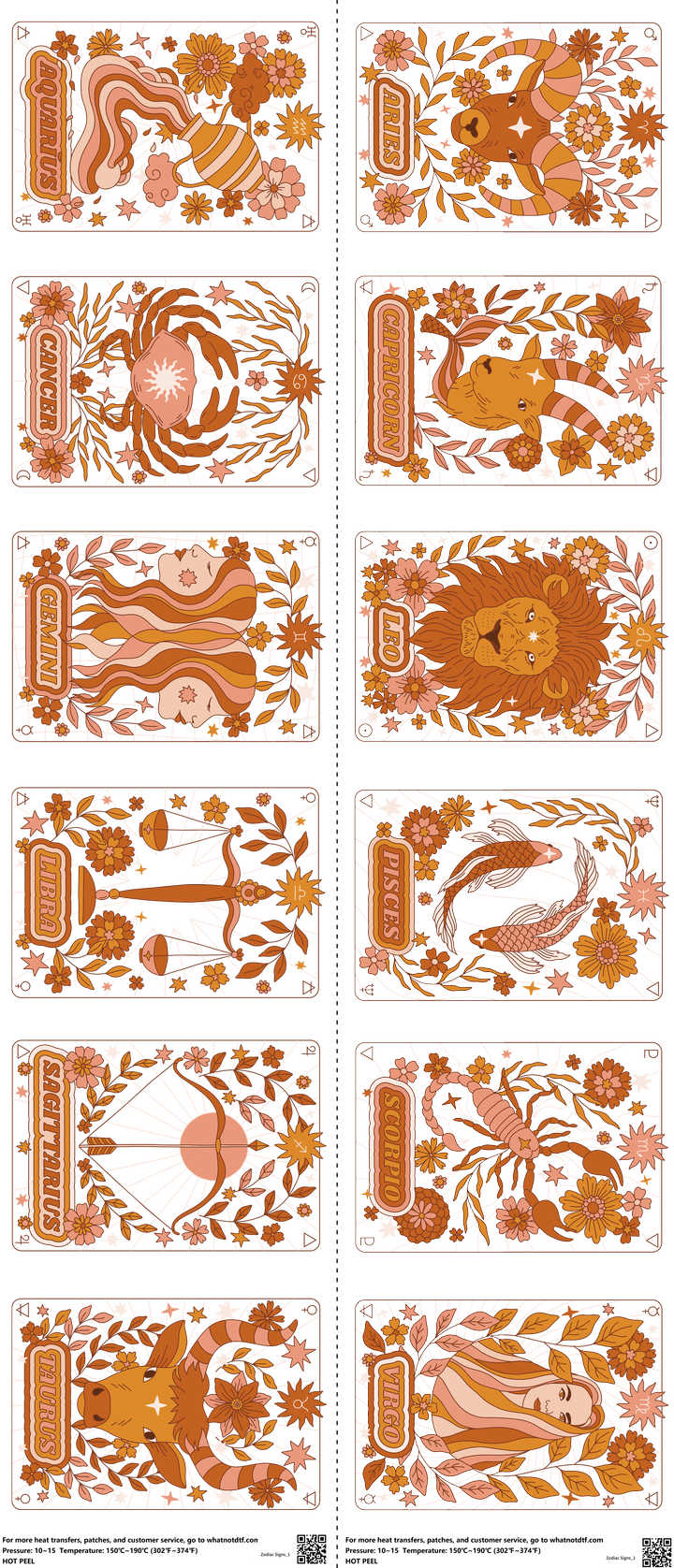 Zodiac Signs mixed-style heat transfer design set on a 23.5 by 53 inch sheet