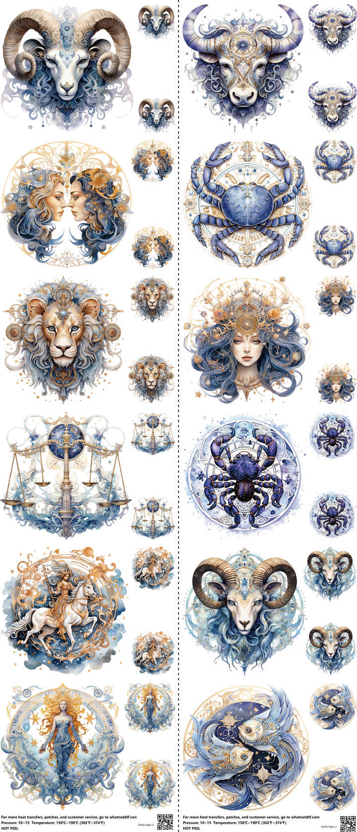 Zodiac Signs mixed-style heat transfer design set on a 23.5 by 53 inch sheet