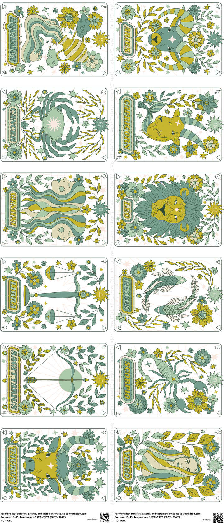Zodiac Signs mixed-style heat transfer design set on a 23.5 by 53 inch sheet