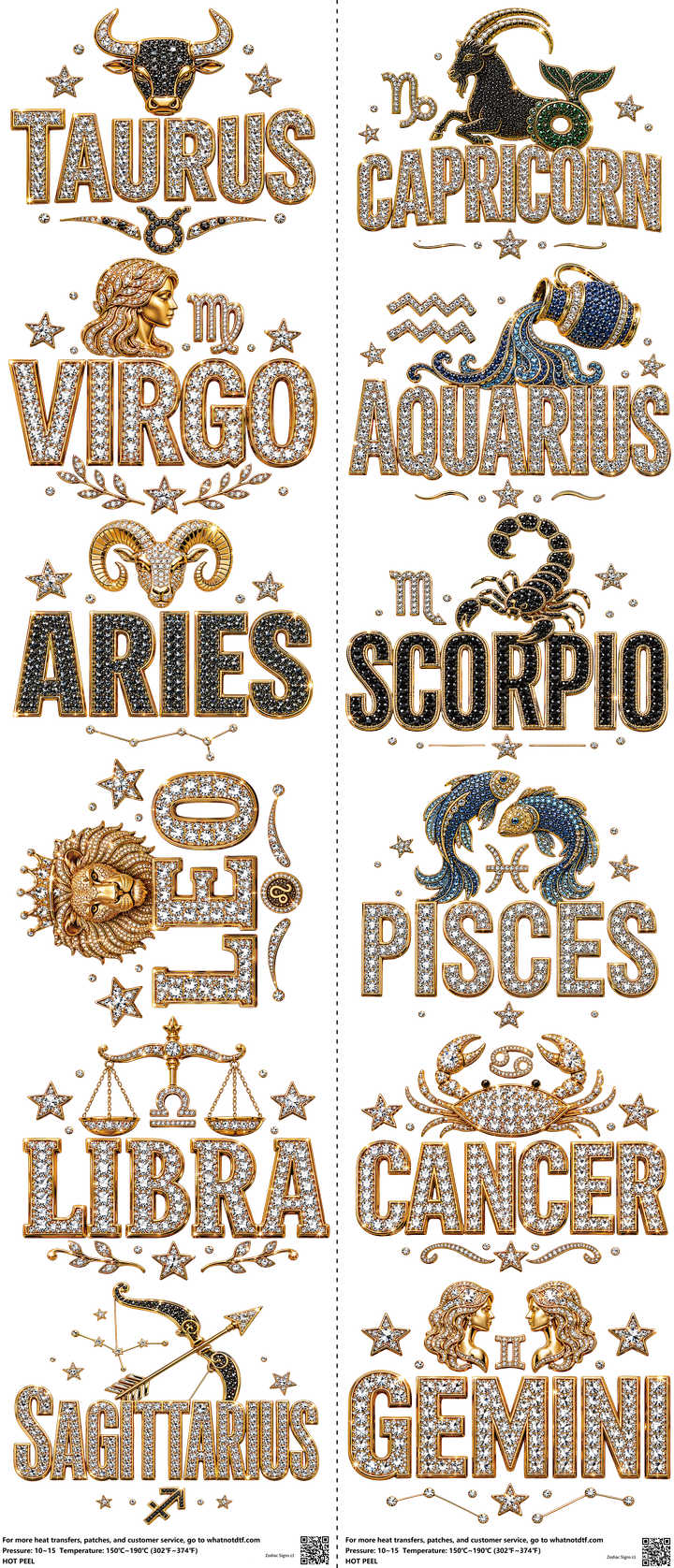 Zodiac Signs mixed-style heat transfer design set on a 23.5 by 53 inch sheet