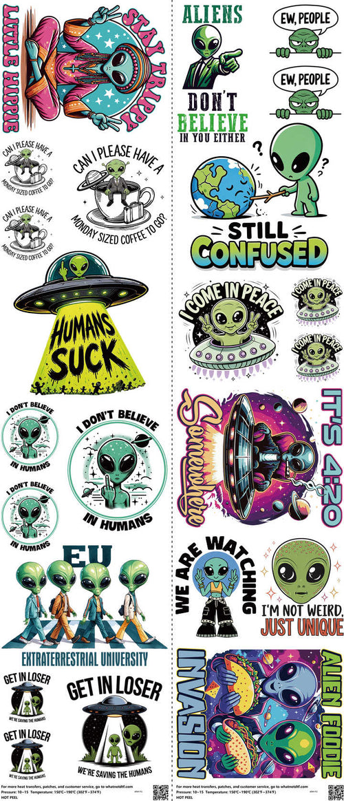 Alien mixed-style heat transfer design set on a 23.5 by 53 inch sheet
