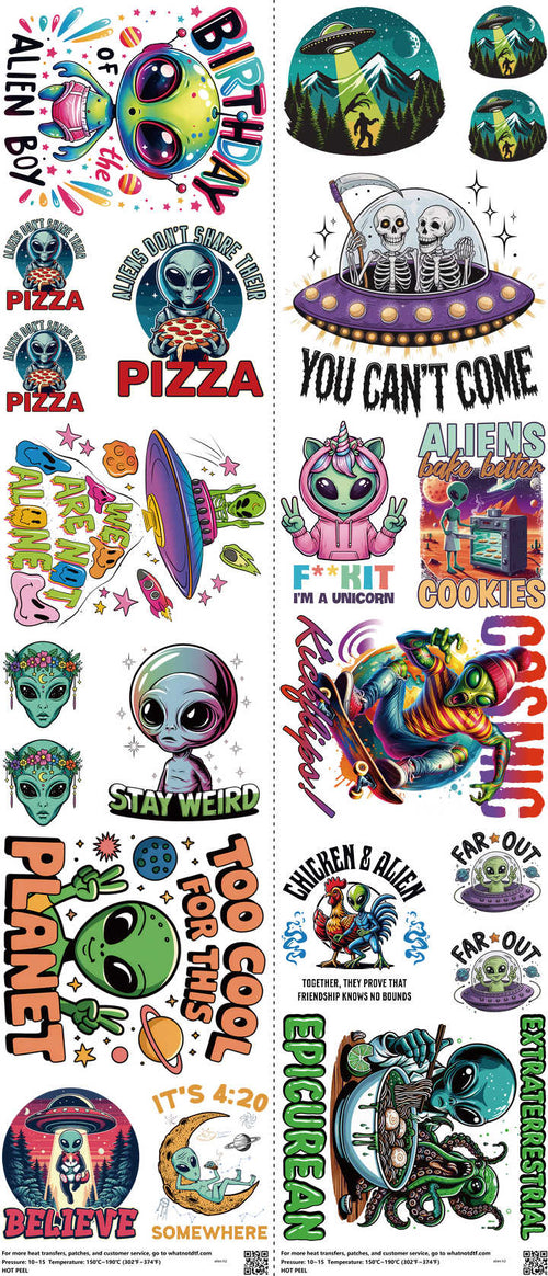 Alien mixed-style heat transfer design set on a 23.5 by 53 inch sheet