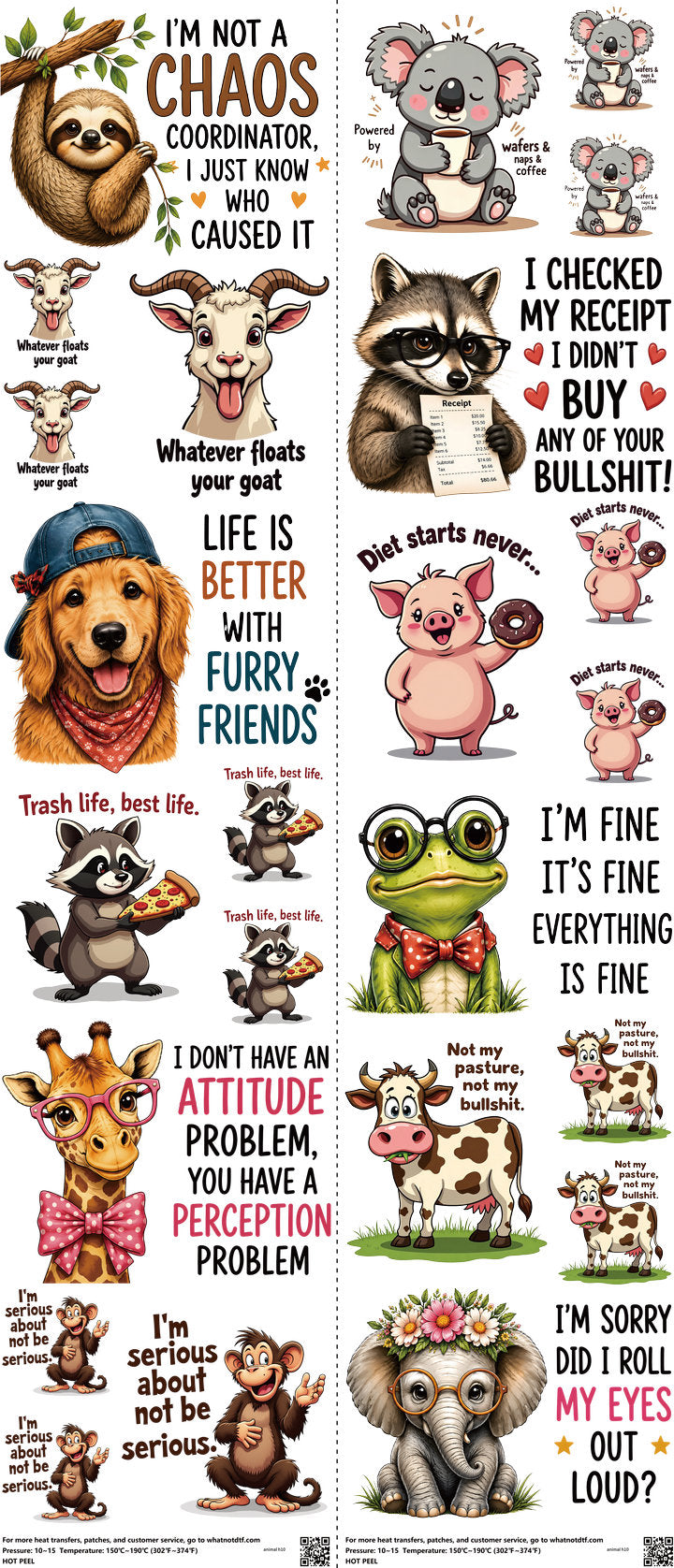 Animal mixed-style heat transfer design set on a 23.5 by 53 inch sheet