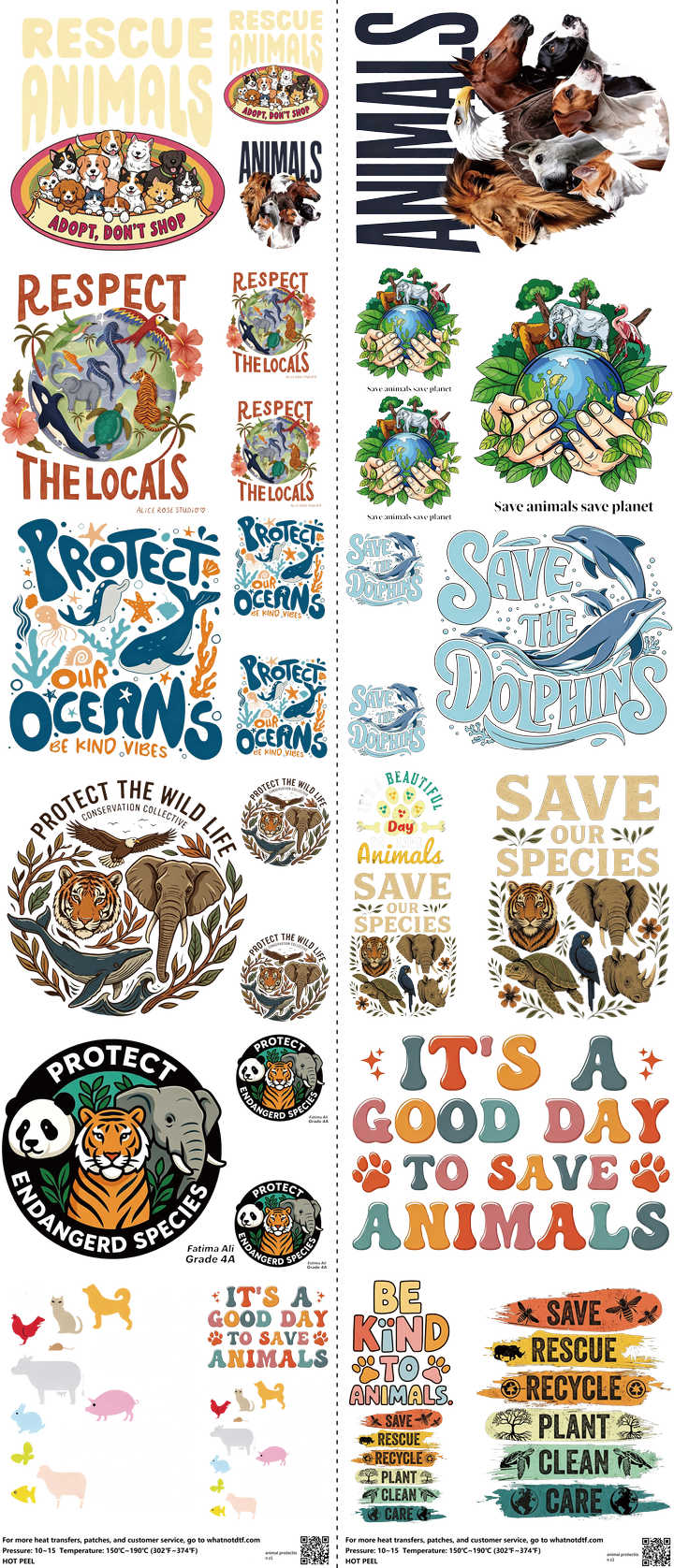 Animal Protection mixed-style heat transfer design set on a 23.5 by 53 inch sheet