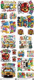 Back To School mixed-style heat transfer design set on a 23.5 by 53 inch sheet