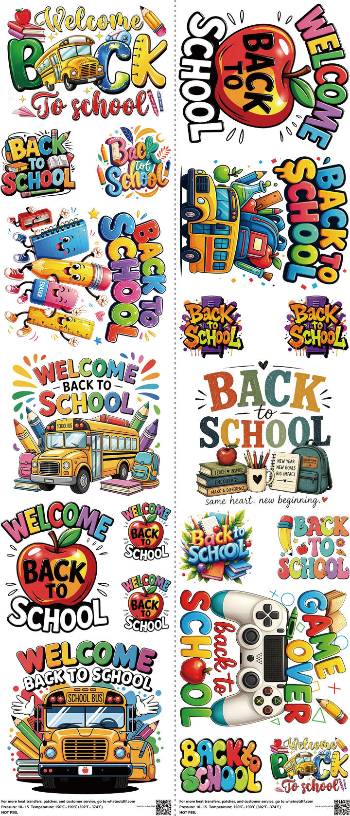 Back To School mixed-style heat transfer design set on a 23.5 by 53 inch sheet