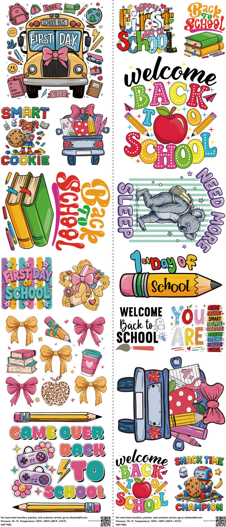 Back To School mixed-style heat transfer design set on a 23.5 by 53 inch sheet