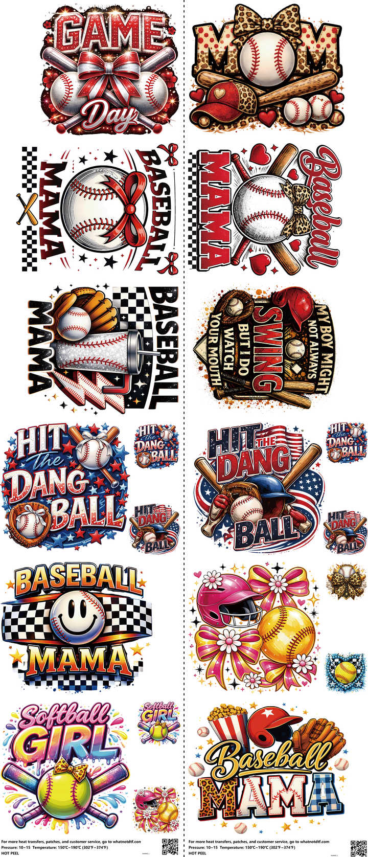 Baseball mixed-style heat transfer design set on a 23.5 by 53 inch sheet