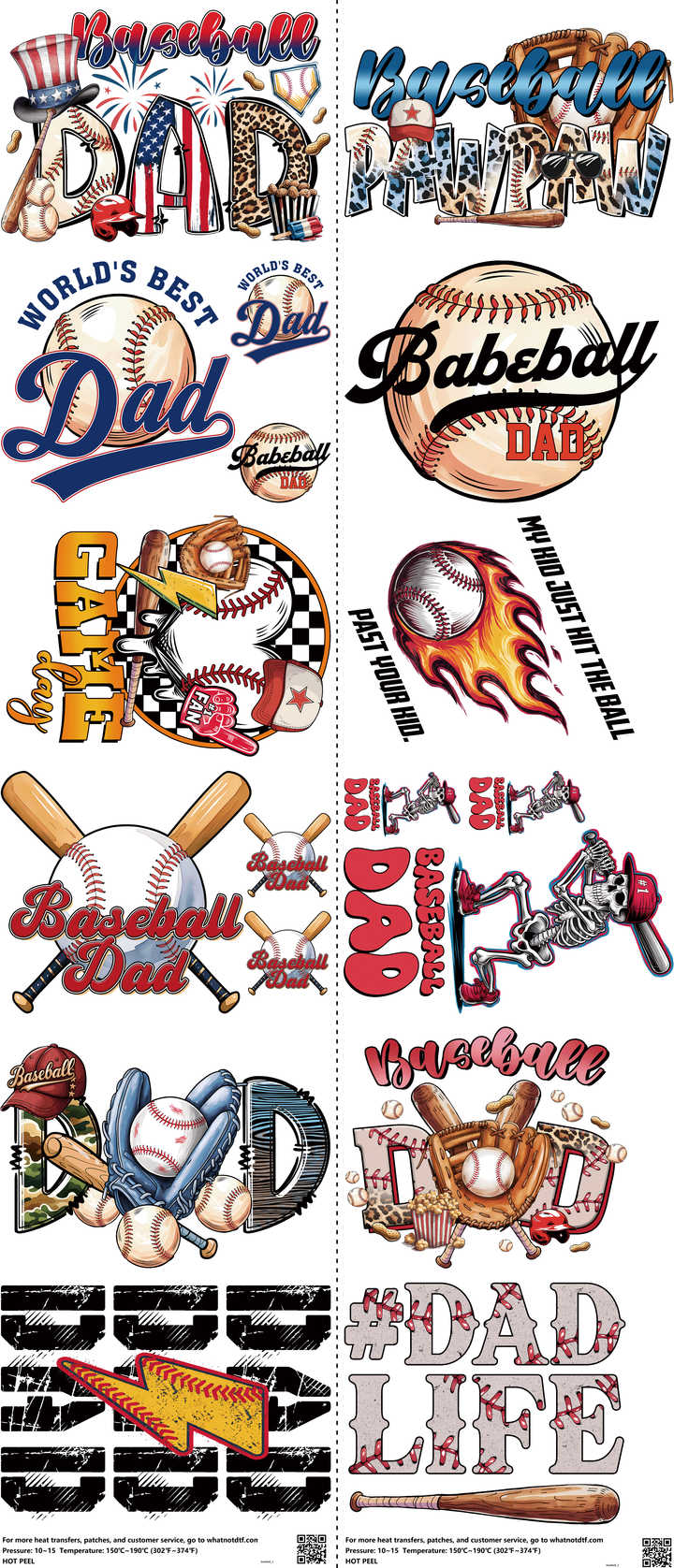 Baseball mixed-style heat transfer design set on a 23.5 by 53 inch sheet
