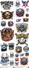 Baseball mixed-style heat transfer design set on a 23.5 by 53 inch sheet
