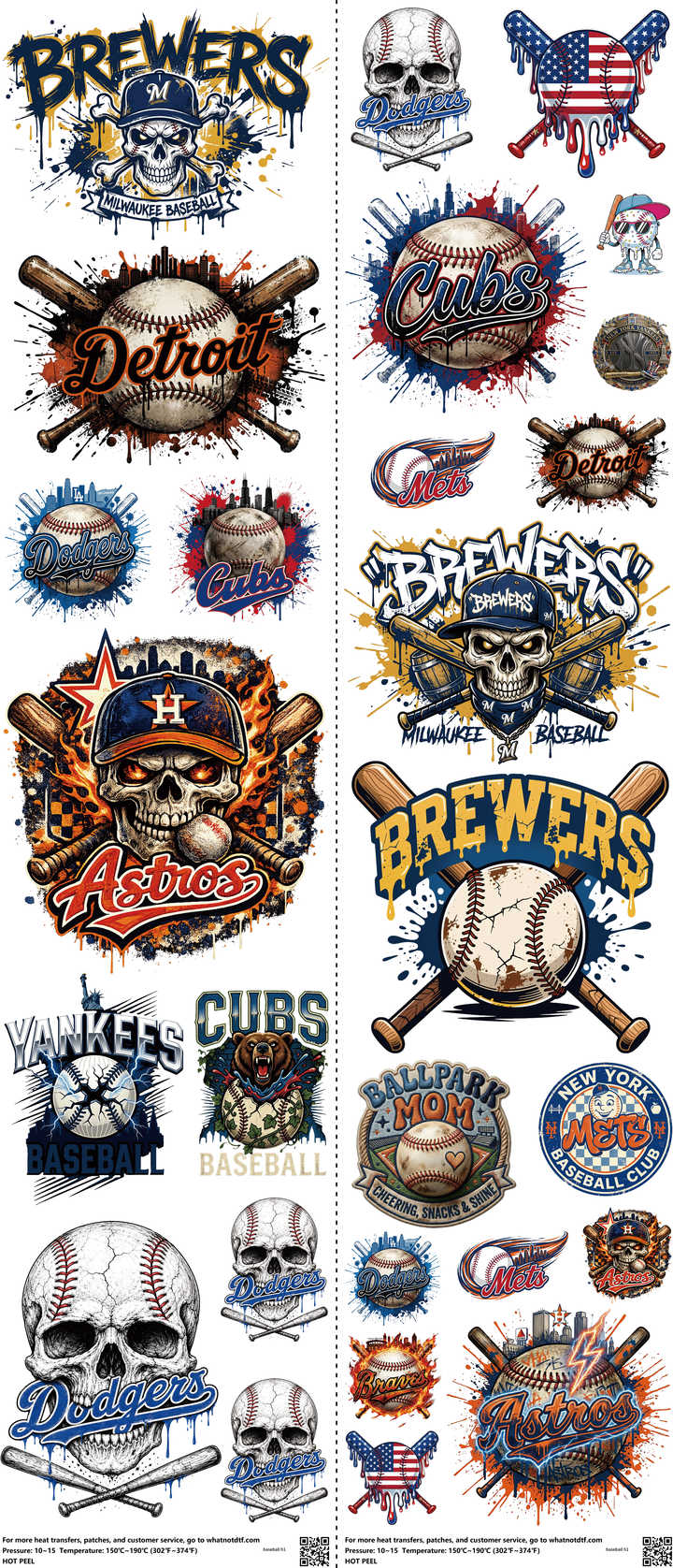 Baseball mixed-style heat transfer design set on a 23.5 by 53 inch sheet