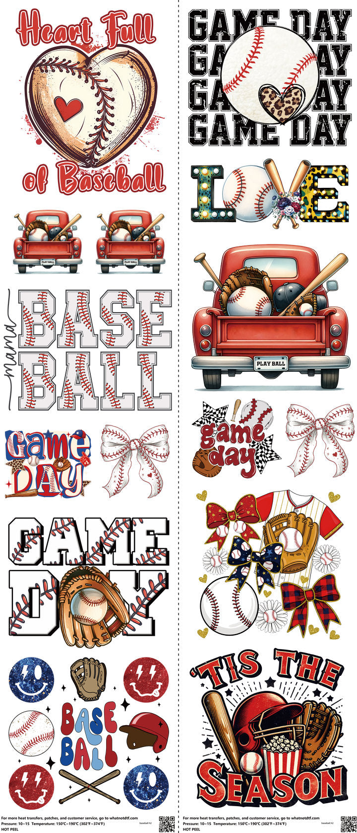 Baseball mixed-style heat transfer design set on a 23.5 by 53 inch sheet