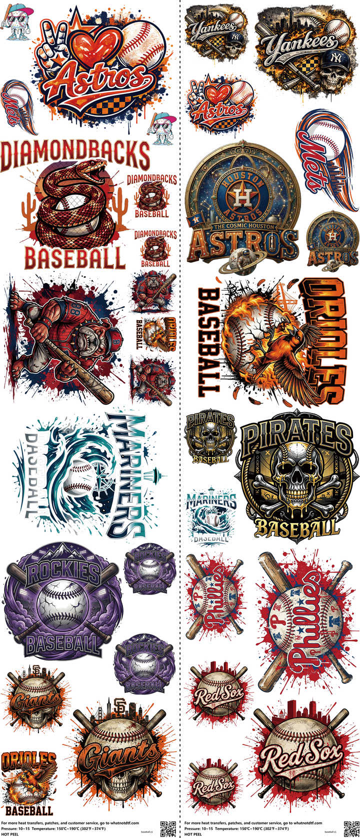 Baseball mixed-style heat transfer design set on a 23.5 by 53 inch sheet