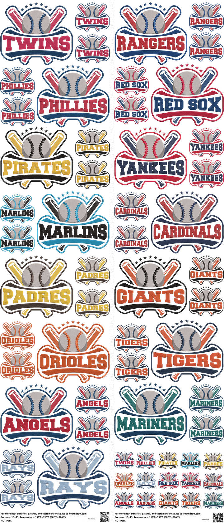 Baseball mixed-style heat transfer design set on a 23.5 by 53 inch sheet