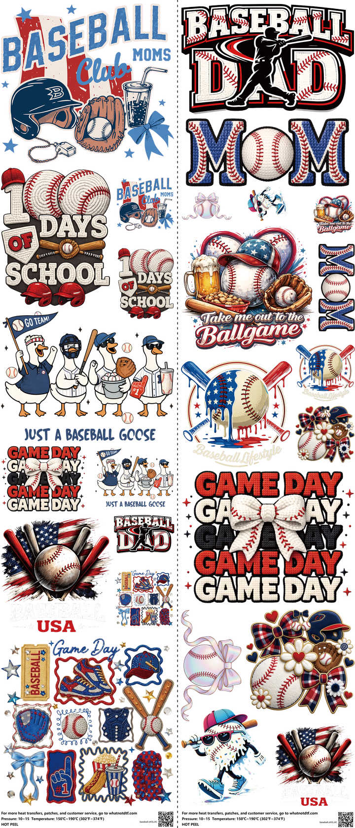 Baseball mixed-style heat transfer design set on a 23.5 by 53 inch sheet