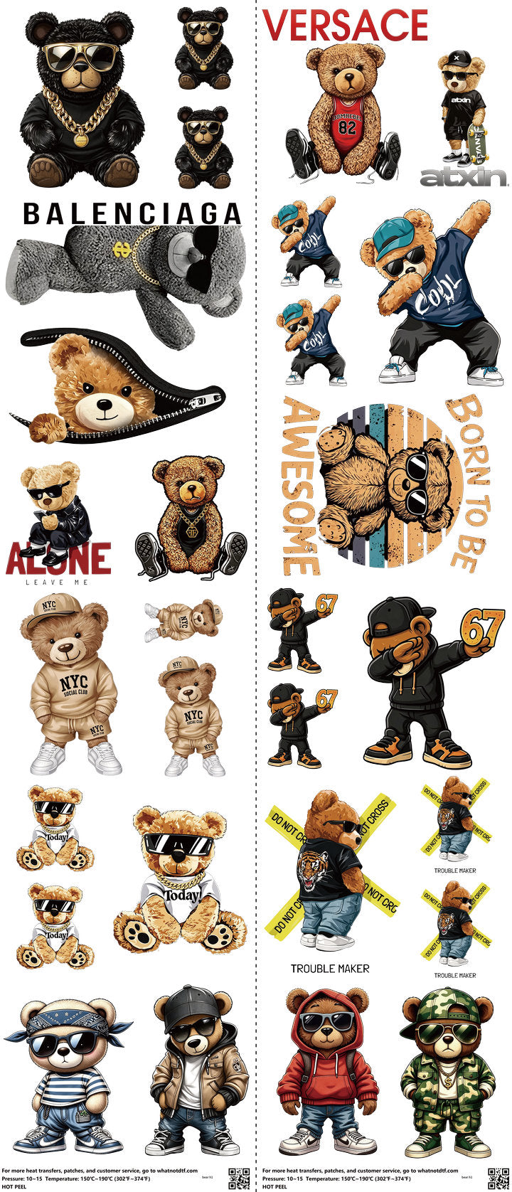 Bear mixed-style heat transfer design set on a 23.5 by 53 inch sheet