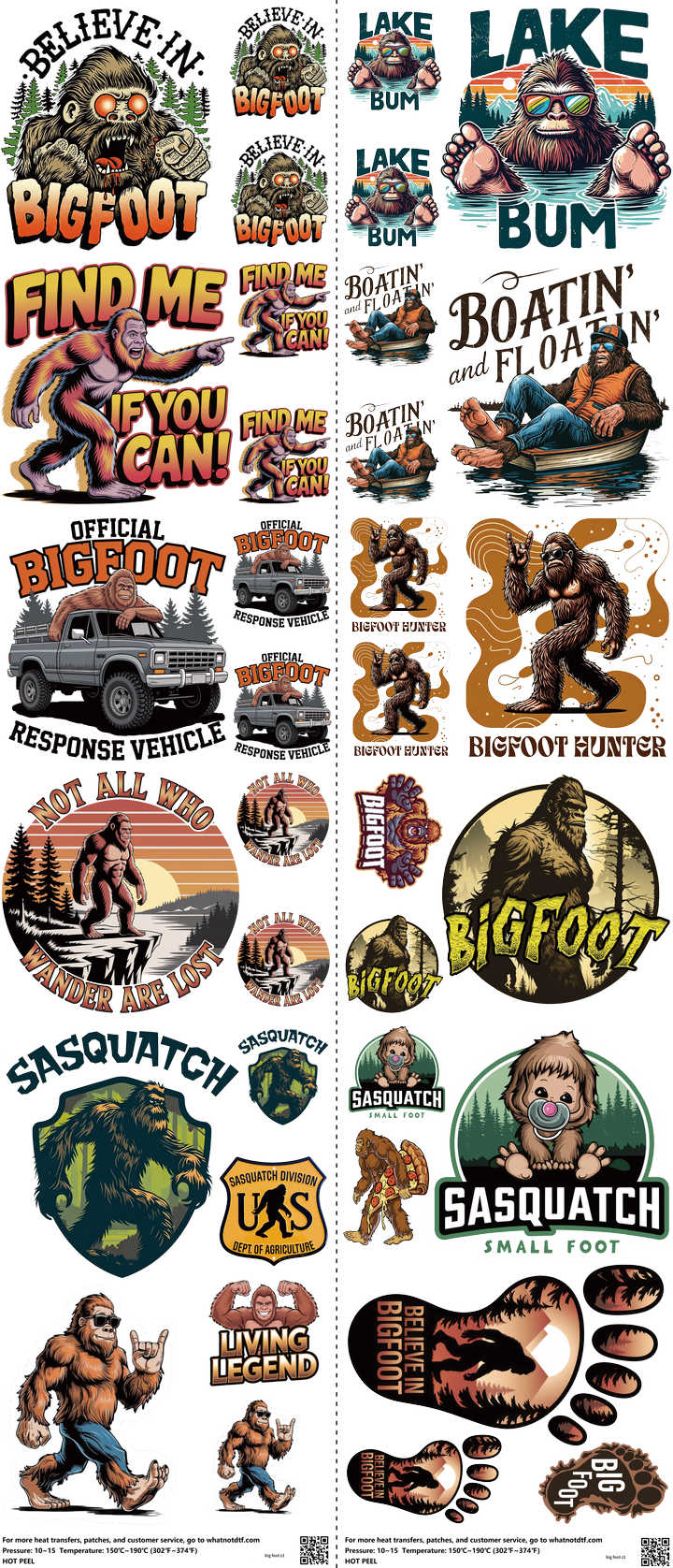 Big Foot mixed-style heat transfer design set on a 23.5 by 53 inch sheet