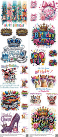 Birthday mixed-style heat transfer design set on a 23.5 by 53 inch sheet