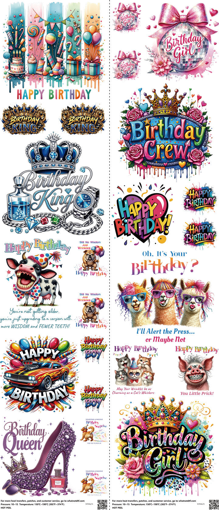 Birthday mixed-style heat transfer design set on a 23.5 by 53 inch sheet