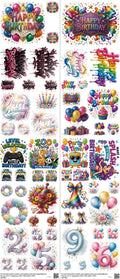 Birthday mixed-style heat transfer design set on a 23.5 by 53 inch sheet