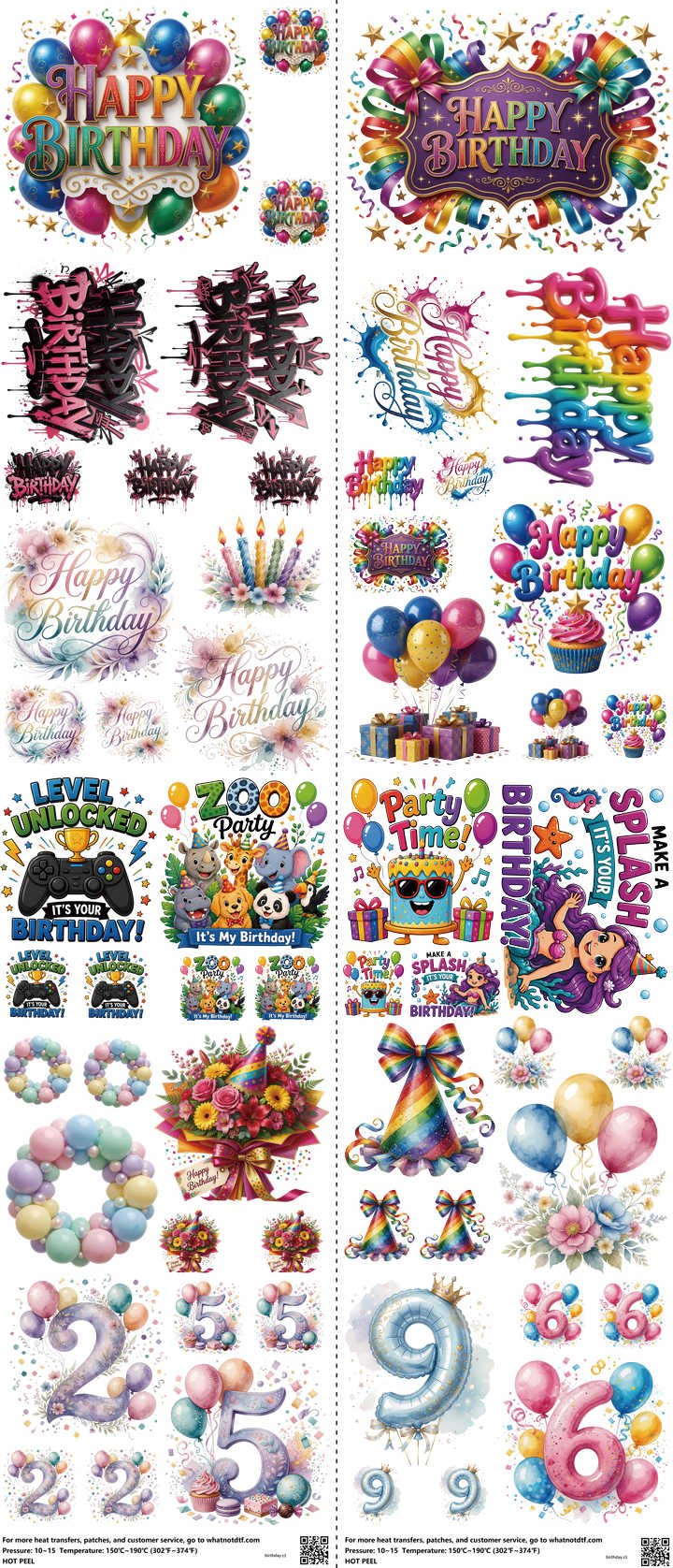 Birthday mixed-style heat transfer design set on a 23.5 by 53 inch sheet