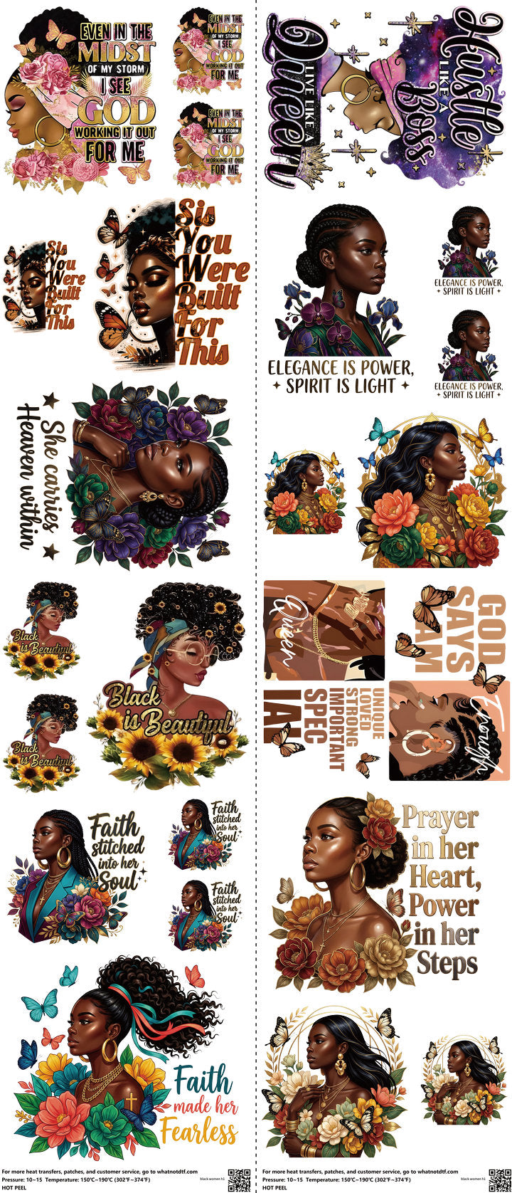 Black Women mixed-style heat transfer design set on a 23.5 by 53 inch sheet