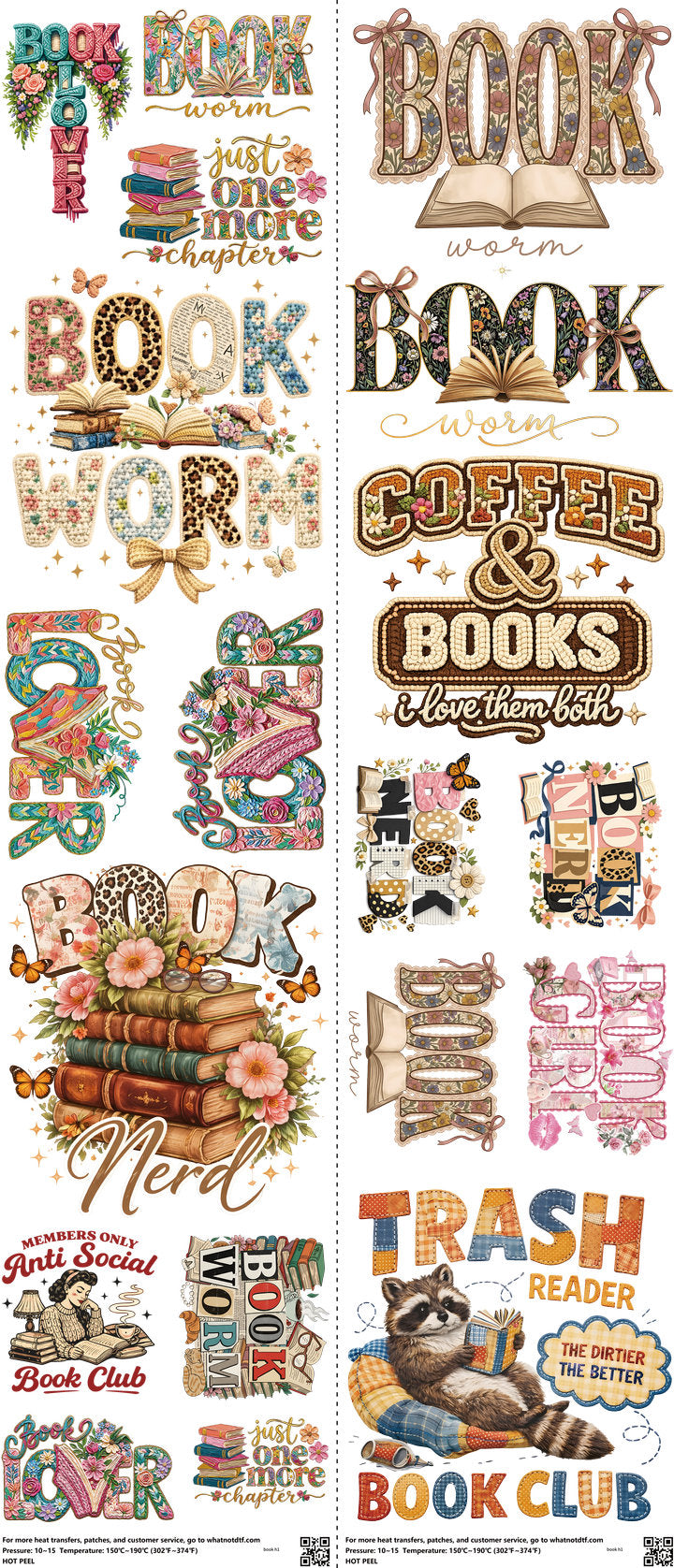 Book mixed-style heat transfer design set on a 23.5 by 53 inch sheet