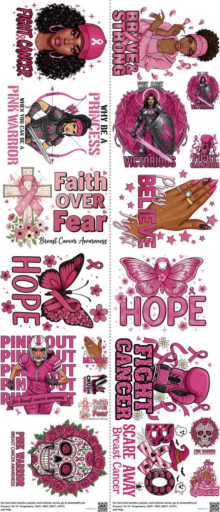 Breast Cancer mixed-style heat transfer design set on a 23.5 by 53 inch sheet