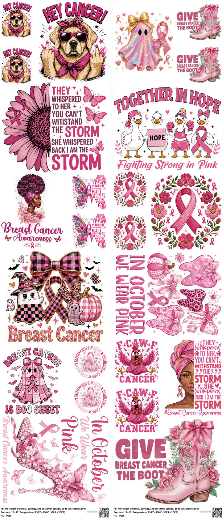 Breast Cancer mixed-style heat transfer design set on a 23.5 by 53 inch sheet