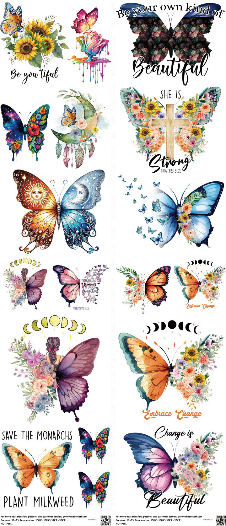Butterflies mixed-style heat transfer design set on a 23.5 by 53 inch sheet