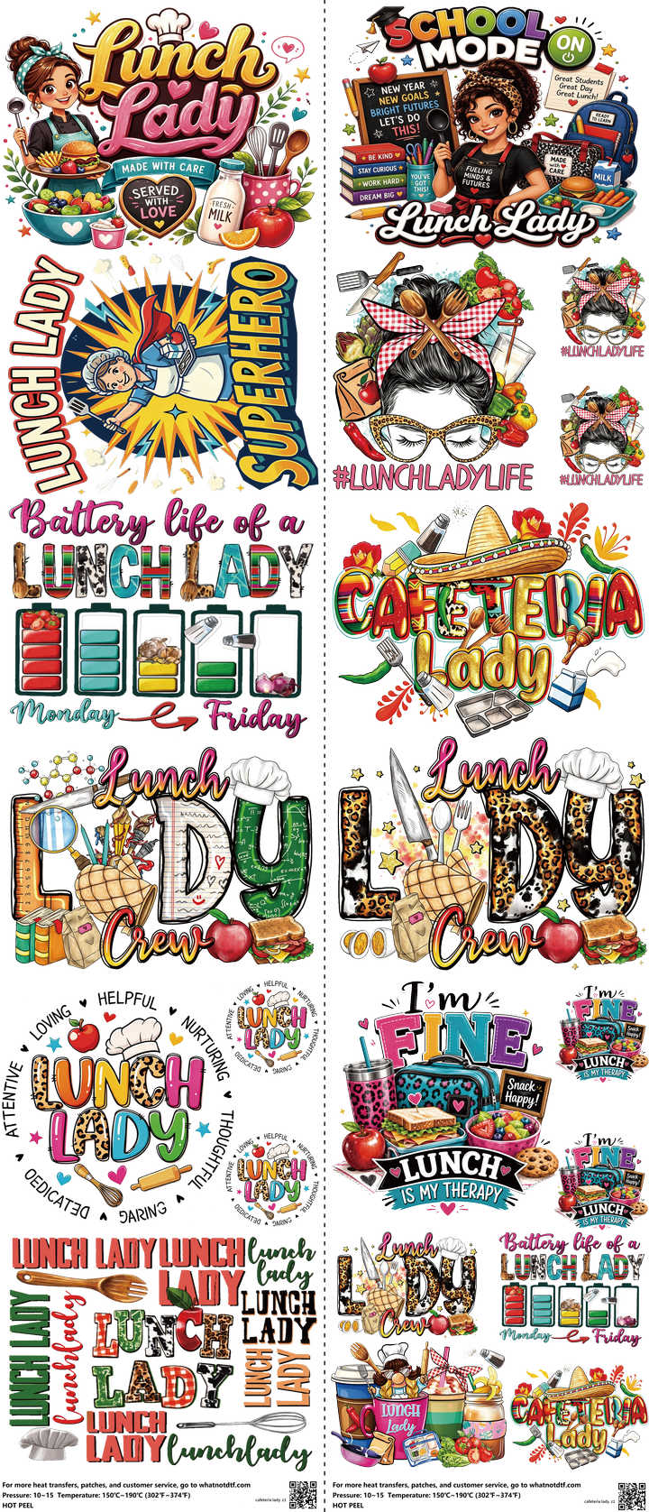 Cafeteria Lady mixed-style heat transfer design set on a 23.5 by 53 inch sheet