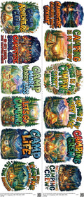 Camping mixed-style heat transfer design set on a 23.5 by 53 inch sheet