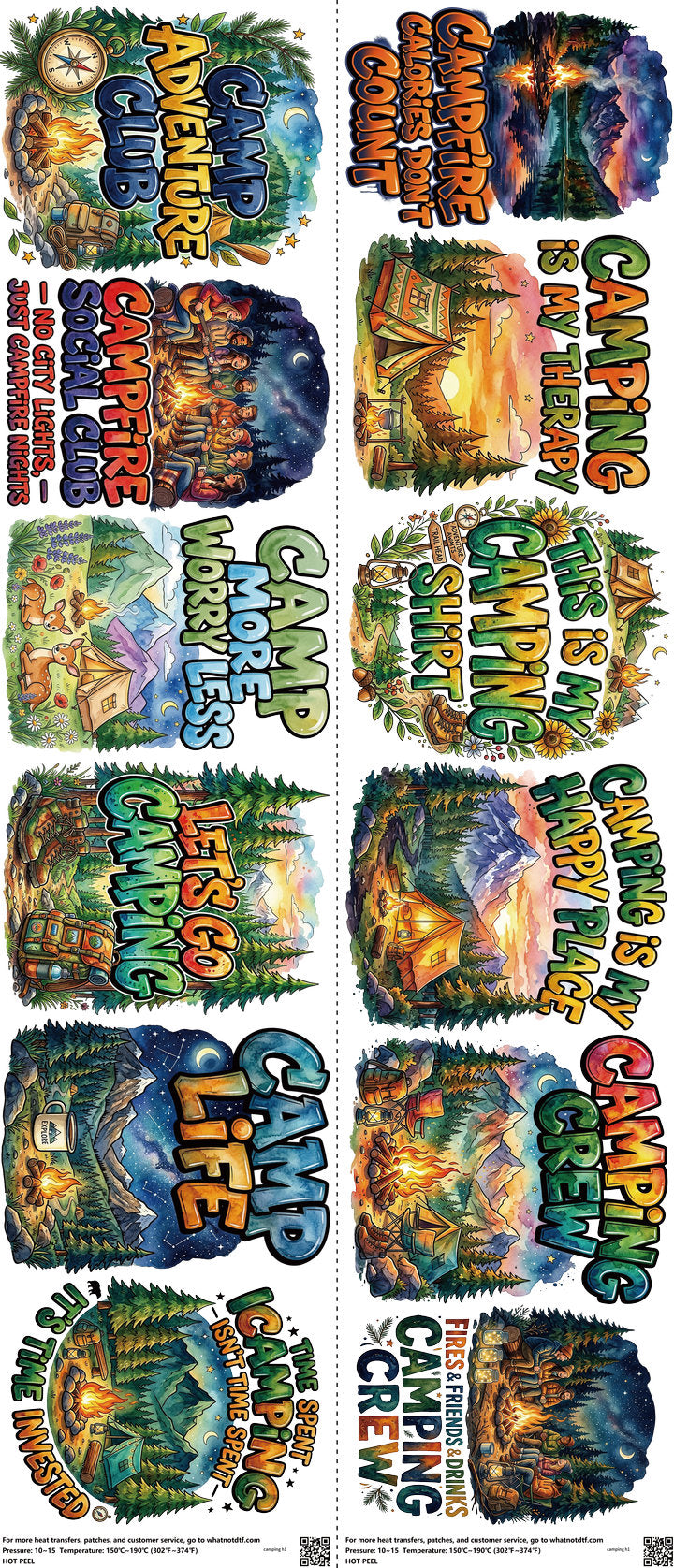 Camping mixed-style heat transfer design set on a 23.5 by 53 inch sheet