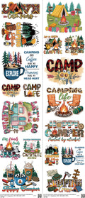 Camping mixed-style heat transfer design set on a 23.5 by 53 inch sheet