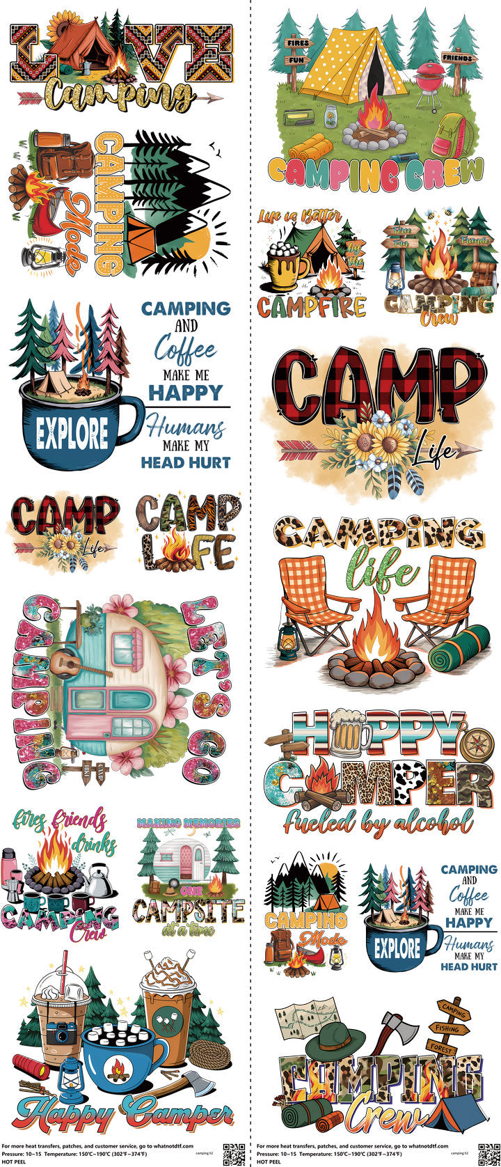 Camping mixed-style heat transfer design set on a 23.5 by 53 inch sheet