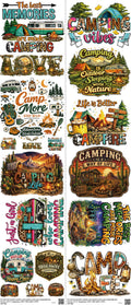 Camping mixed-style heat transfer design set on a 23.5 by 53 inch sheet