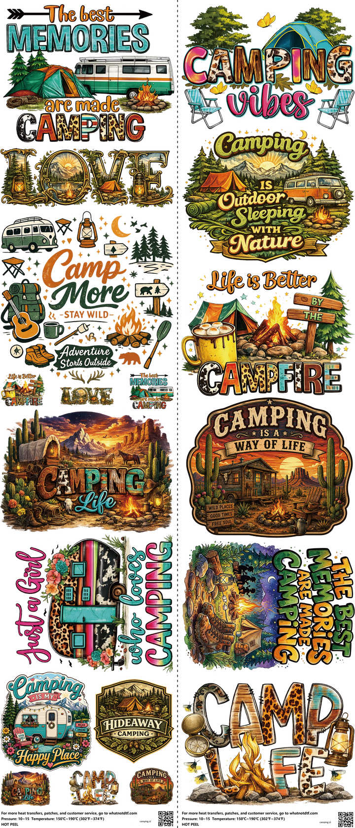 Camping mixed-style heat transfer design set on a 23.5 by 53 inch sheet
