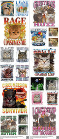 Cat mixed-style heat transfer design set on a 23.5 by 53 inch sheet