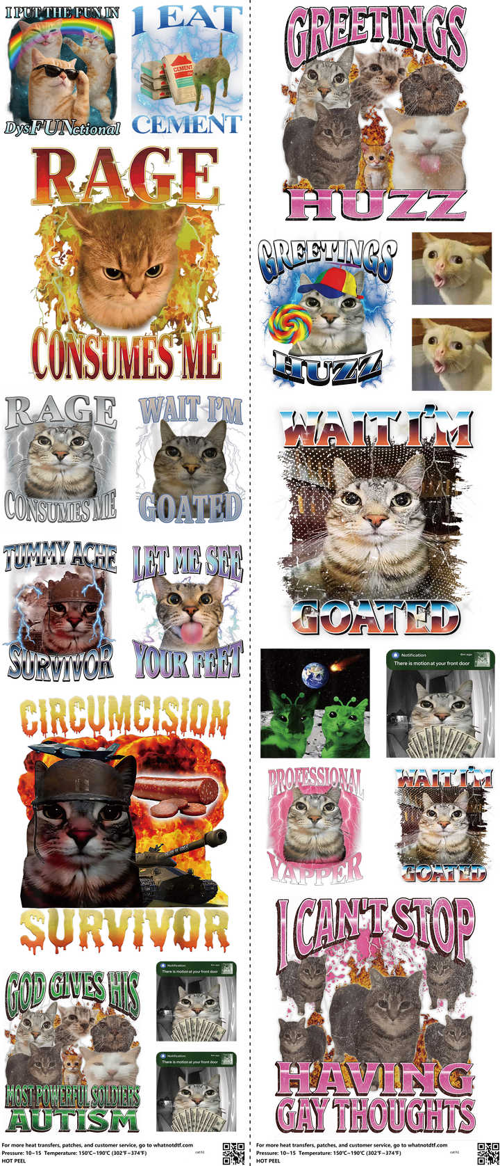 Cat mixed-style heat transfer design set on a 23.5 by 53 inch sheet