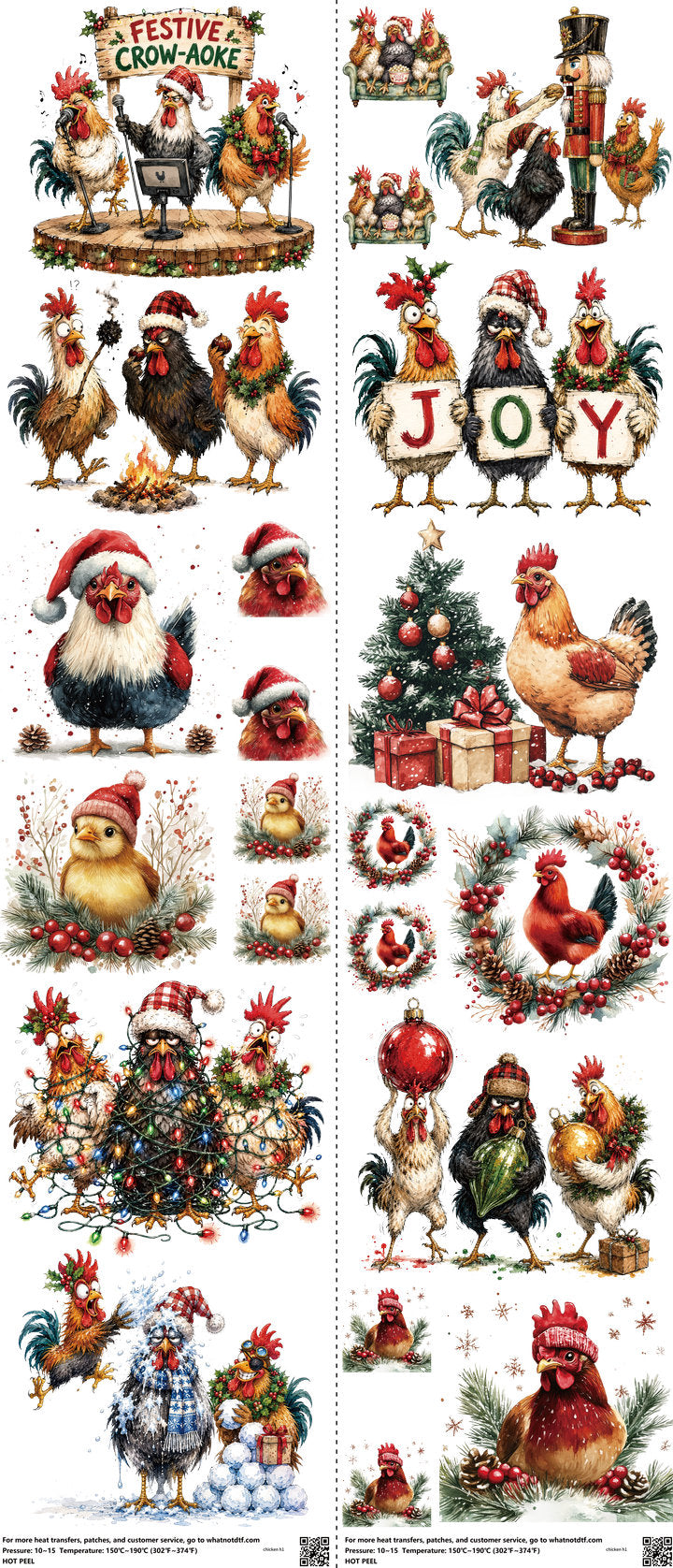 Chicken mixed-style heat transfer design set on a 23.5 by 53 inch sheet