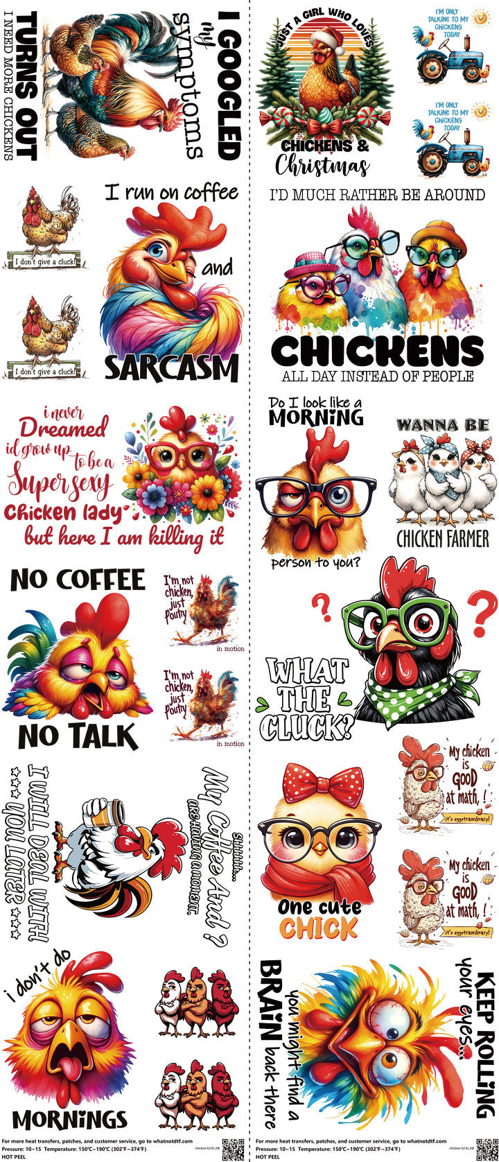 Chicken H2 mixed-style heat transfer design set on a 23.5 by 53 inch sheet