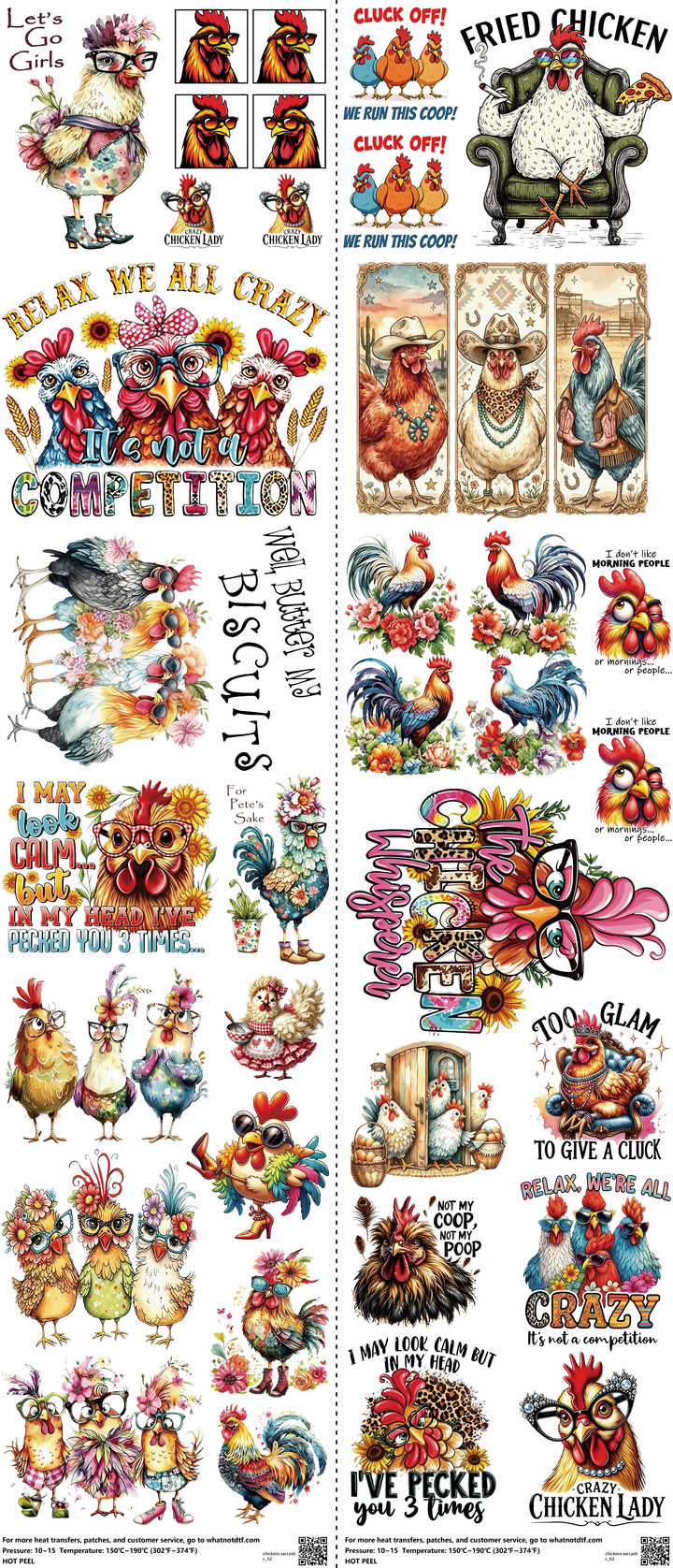 Chickens Sarcastic mixed-style heat transfer design set on a 23.5 by 53 inch sheet